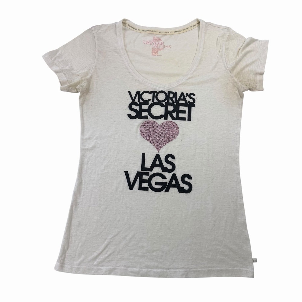 Victoria's Secret SuperModel Essentials Las Vegas Rhinestone Heart Y2K Tee White